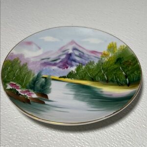 VINTAGE Ucagco Hand-Painted Scenic Porcelain Gold Trim Plate Mt Lake Landscape